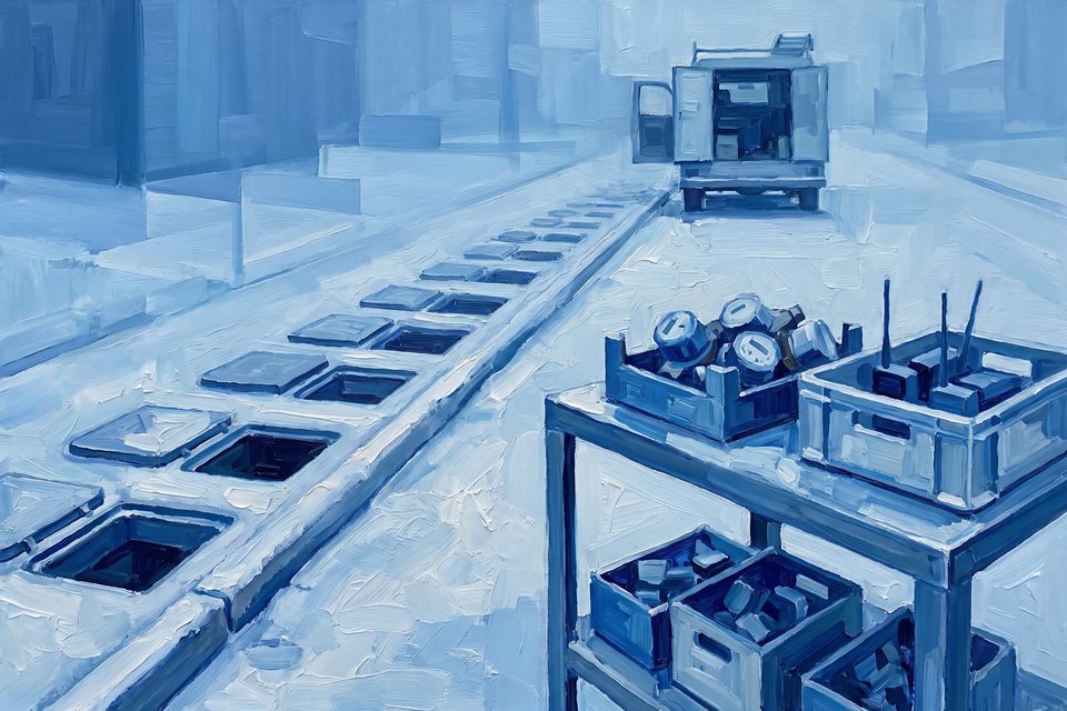 A meter contractor's yard with crates of water meters, a row of open meter pits and a service truck, painted in blue planes