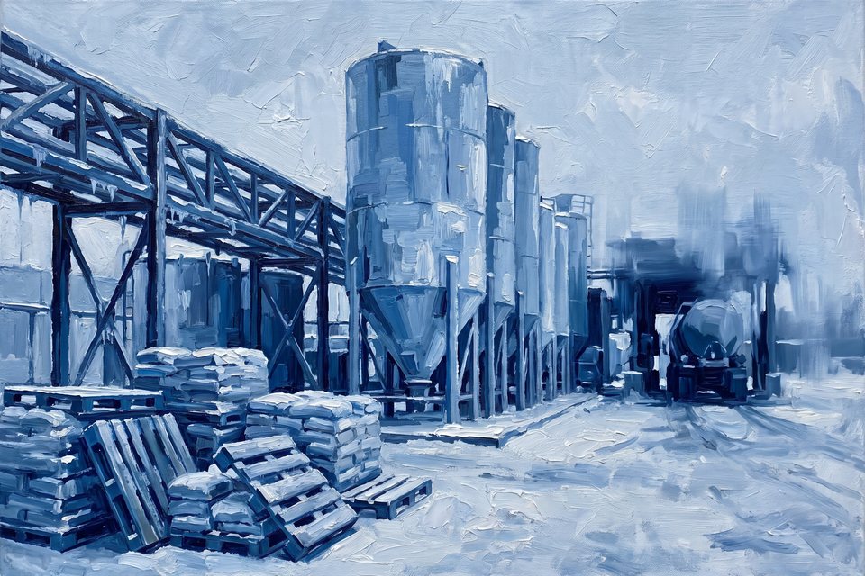 A drilling-fluids plant with a row of mud tanks and a pipe rack, painted in blue planes