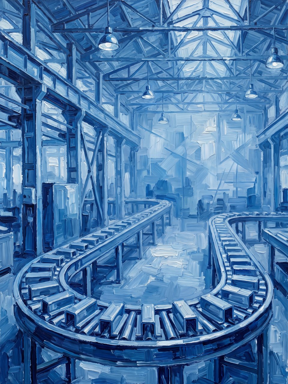 A conveyor loop inside a factory hall, painted in blue planes